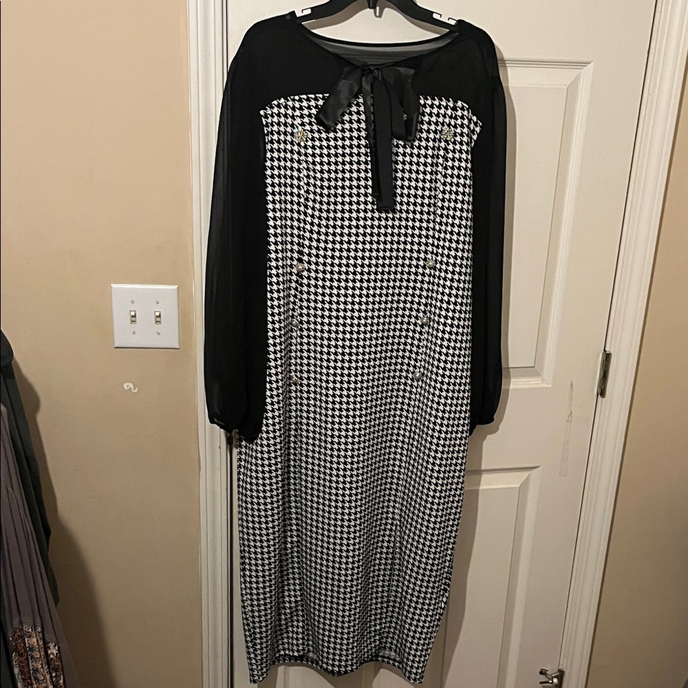 SHEIN Black and White Houndstooth Long Sleeve Dress